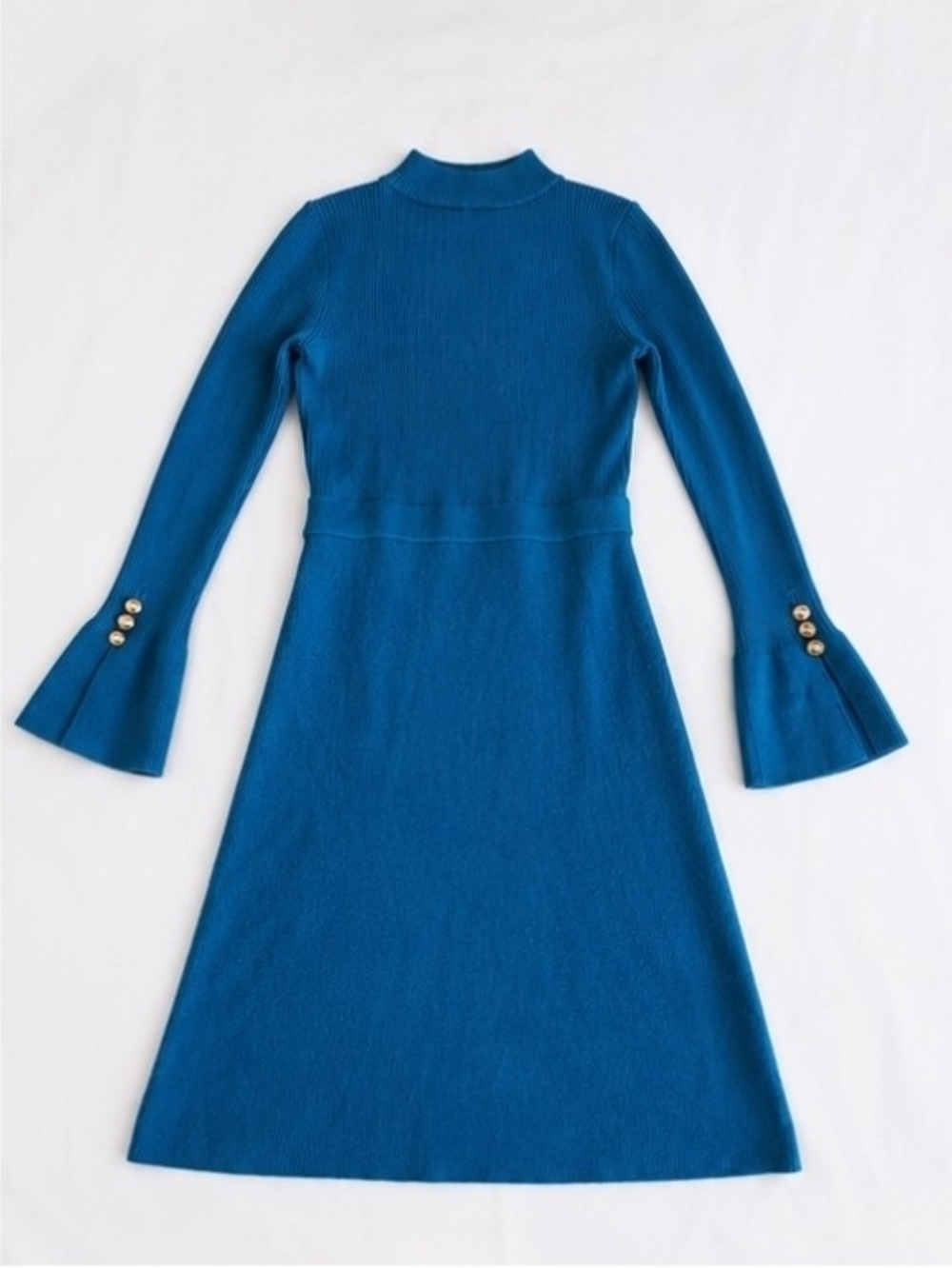 Ann Taylor Women Teal Knit A-Line Dress with Flared Sleeves - Picture 3 of 5